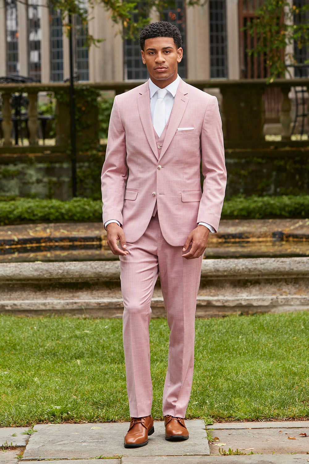 rose gold dress and grey suit Rose Gold Pink Slim Fit Tuxedo 4 Piece with Satin Shawl Collar Beveled
