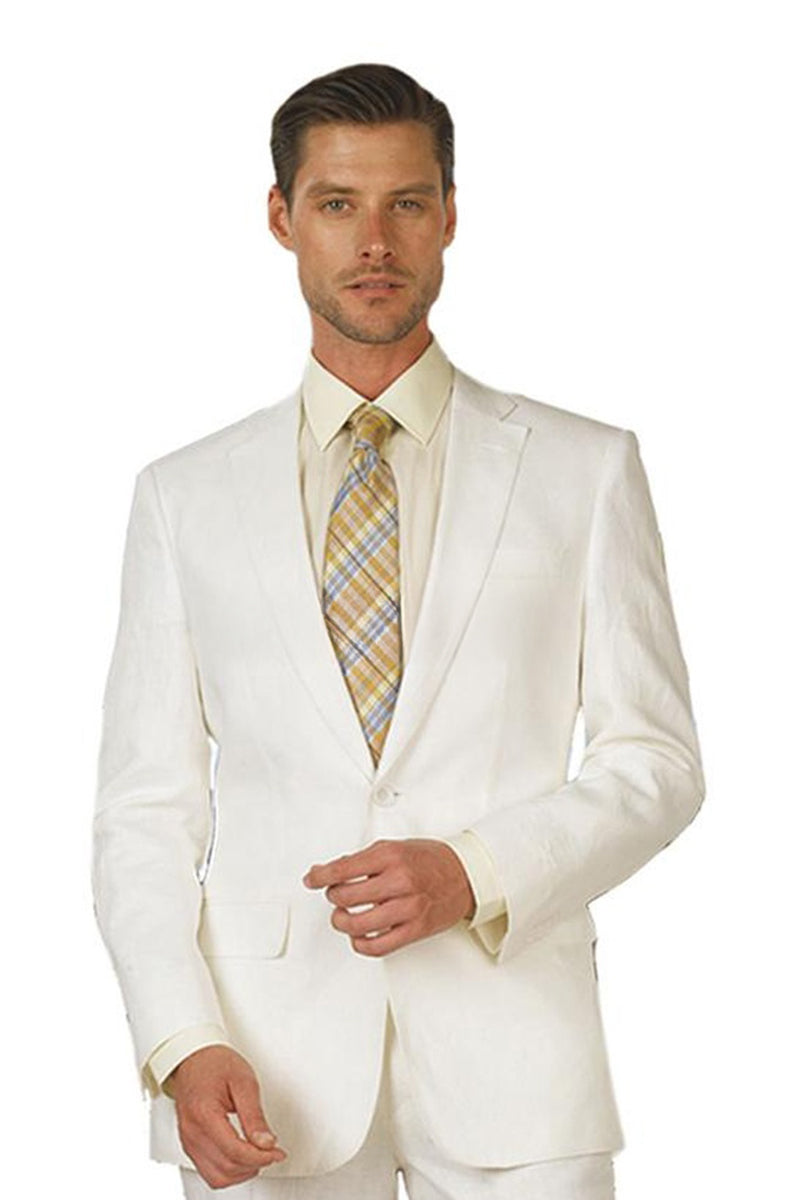white linen dress suit Label E Men's Solid White Classic Fit 100% Linen Suit, 38 / Regular