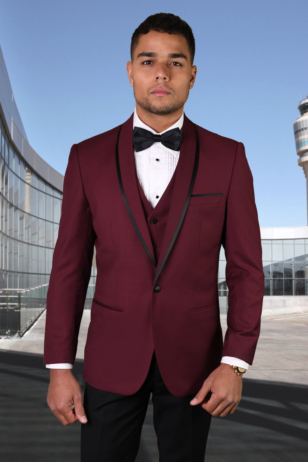 burgundy tuxedo dress Statement Genova Burgundy 1-Button Shawl Tuxedo (4-Piece Set) 44S Modern