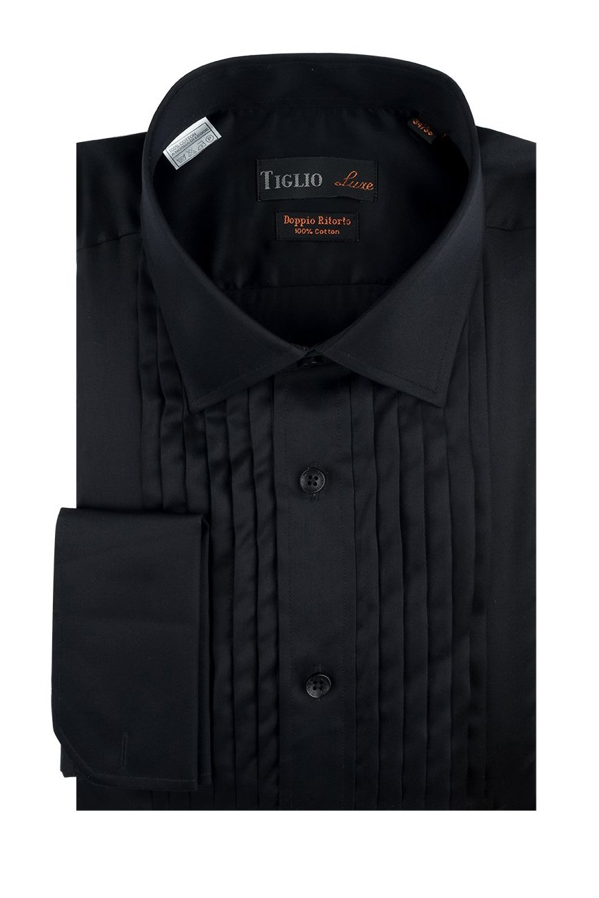 Tiglio Romano Black Pleated Laydown Tuxedo Shirt 15.5 32-33 Tiglio Romano Black Pleated Laydown Tuxedo Shirt 15.5 32-33