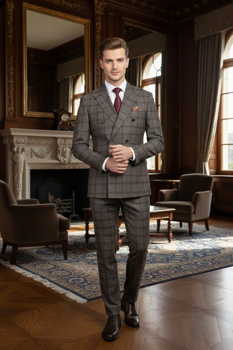 Brown Windowpane 6-Button Peak DB Suit (2-Piece Set)
