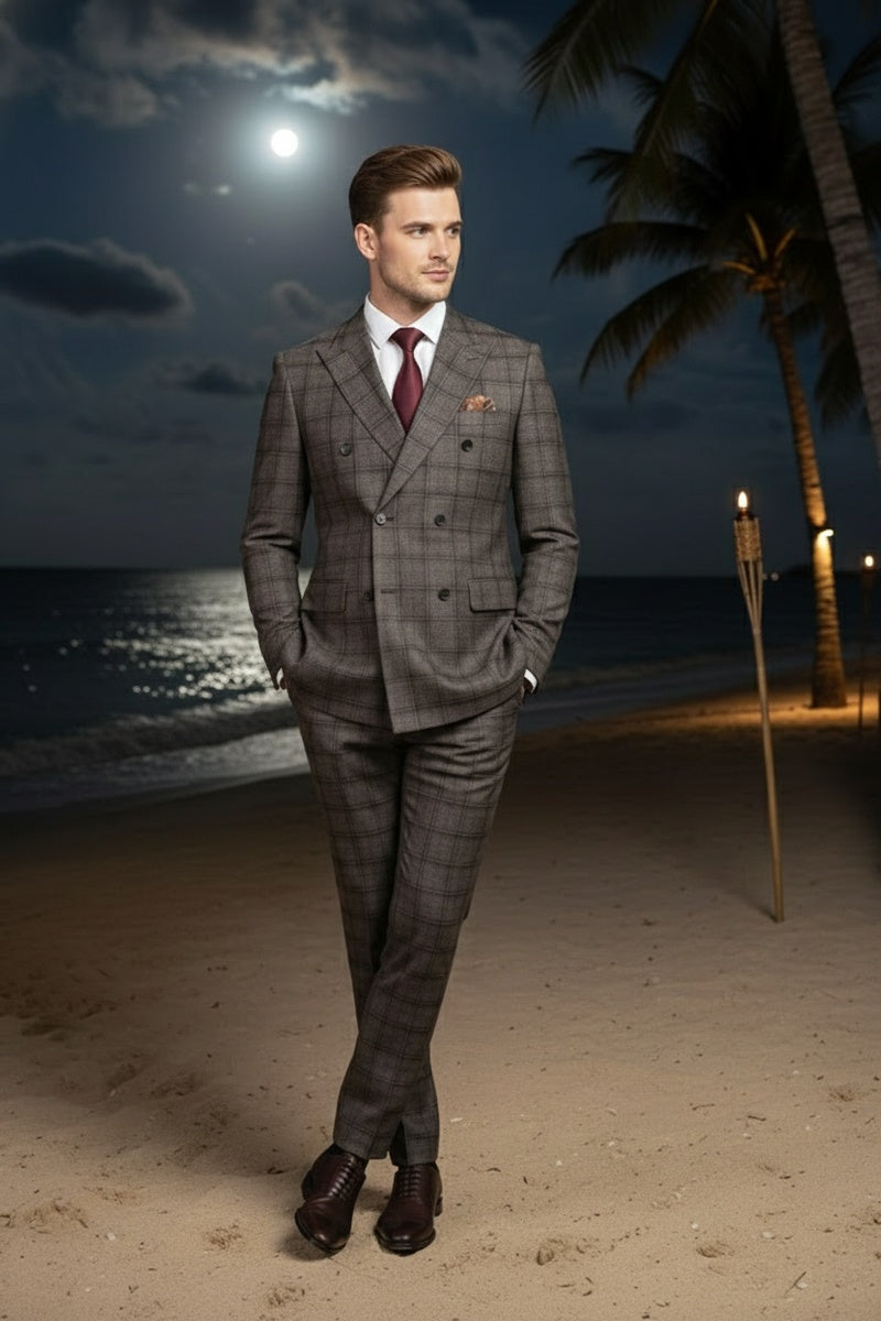 Brown Windowpane 6-Button Peak DB Suit (2-Piece Set)