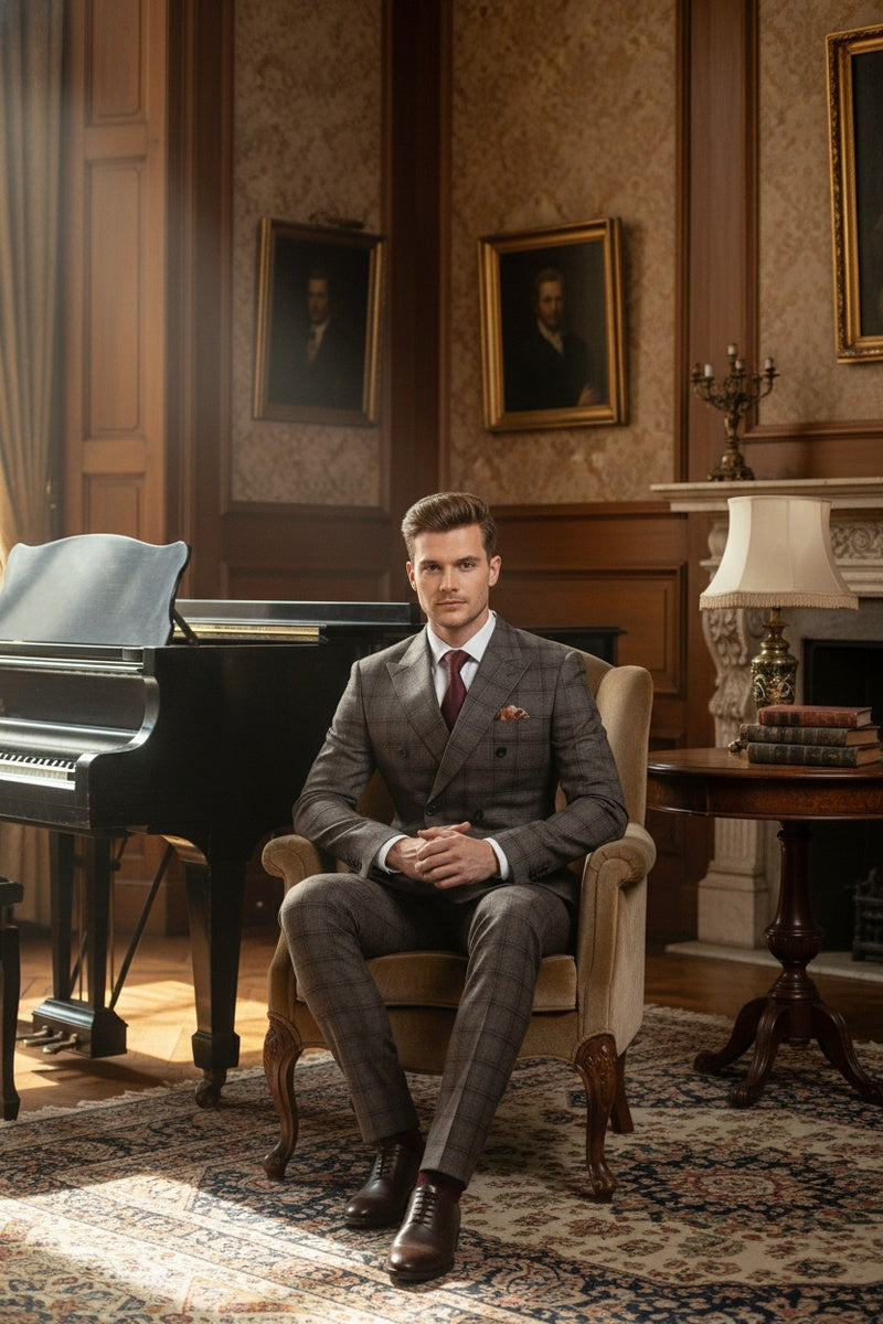 Brown Windowpane 6-Button Peak DB Suit (2-Piece Set)
