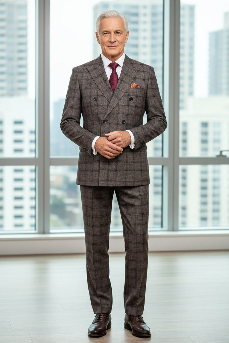 Brown Windowpane 6-Button Peak DB Suit (2-Piece Set)