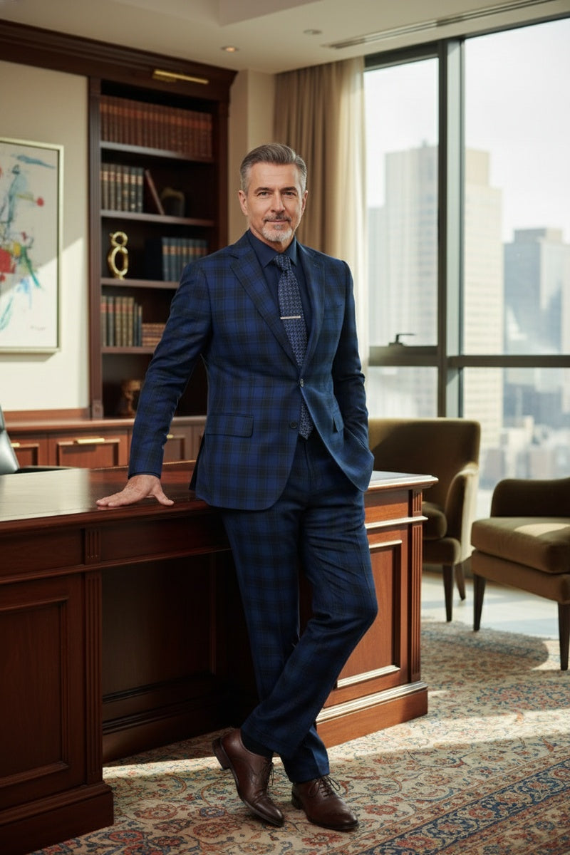 Navy Windowpane 2-Button Notch Suit (2-Piece Set)