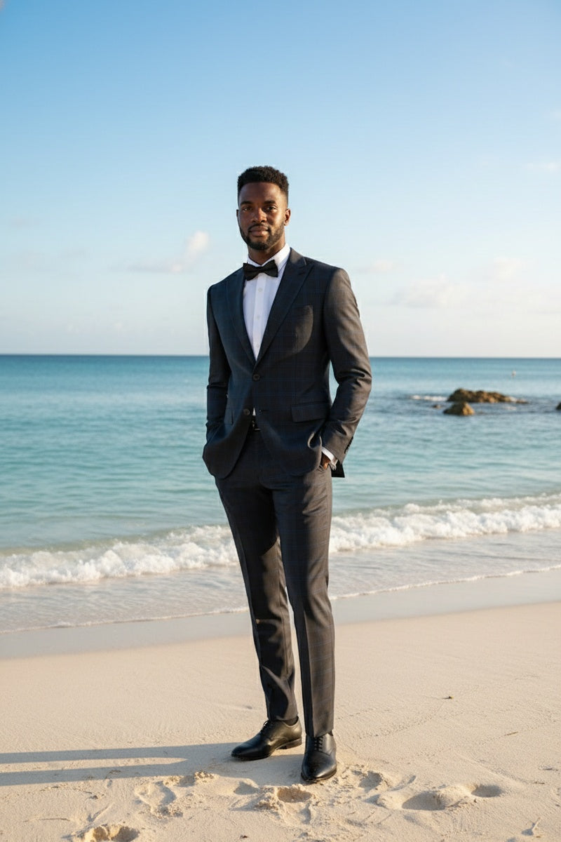 Dark Grey Windowpane 2-Button Notch Suit (2-Piece Set)