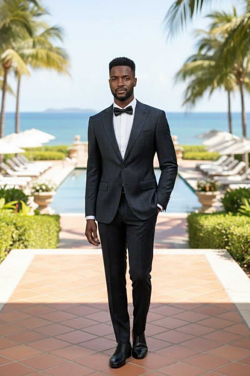 Dark Grey Windowpane 2-Button Notch Suit (2-Piece Set)