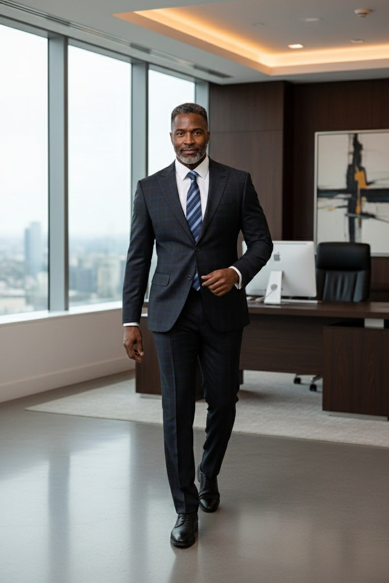 Dark Grey Windowpane 2-Button Notch Suit (2-Piece Set)