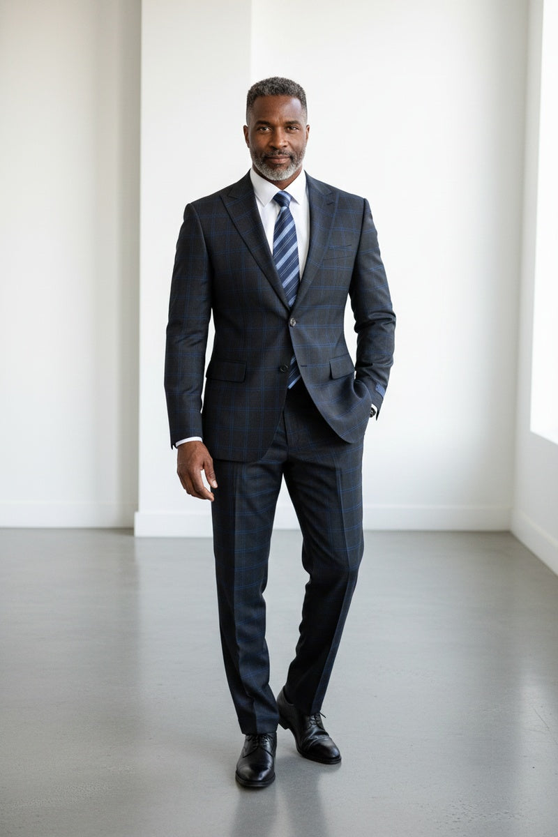 Dark Grey Windowpane 2-Button Notch Suit (2-Piece Set)
