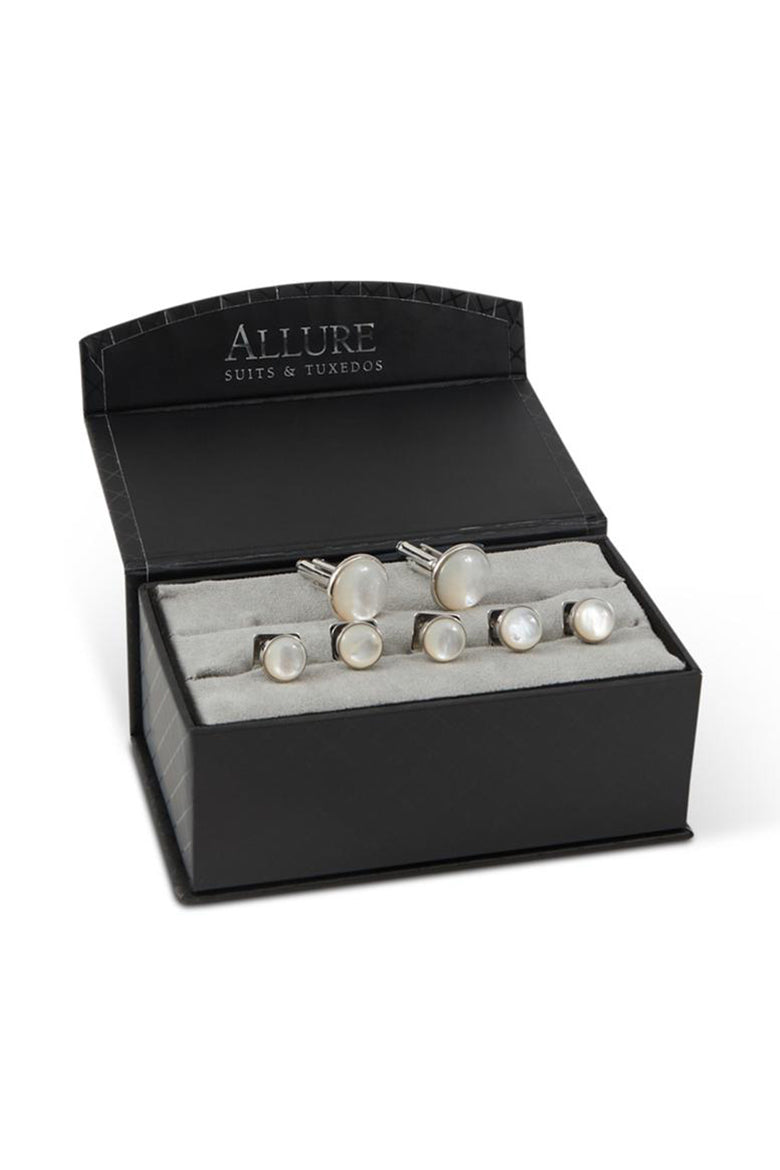 White Mother of Pearl in Silver Setting Studs and Cufflinks Set