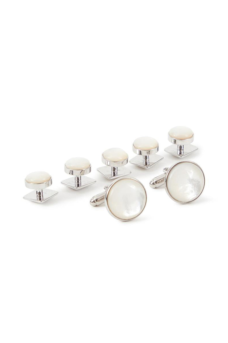 White Mother of Pearl in Silver Setting Studs and Cufflinks Set