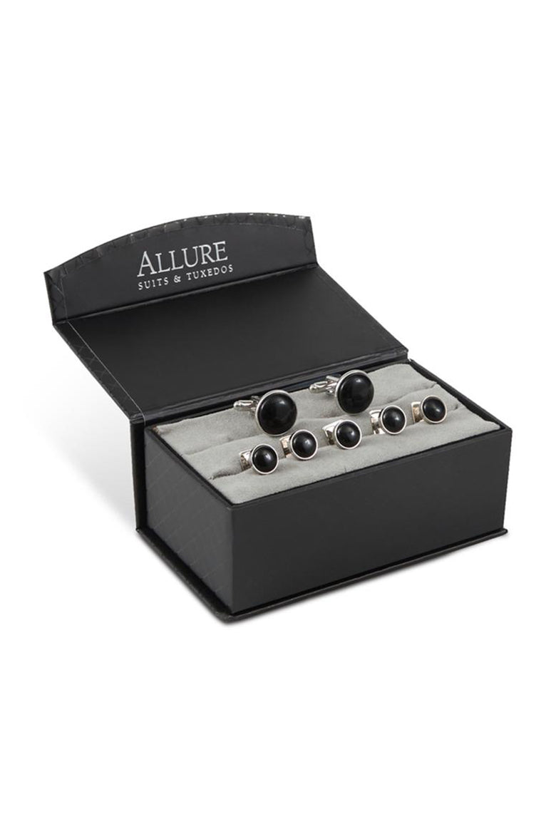 Black Circular Onyx  in Silver Setting Studs and Cufflinks Set