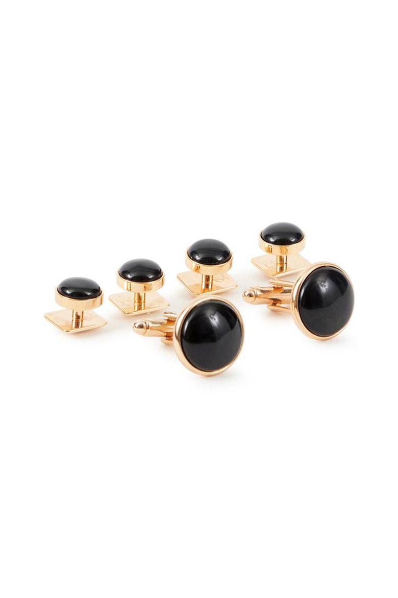 Black Circular Onyx  in Gold Setting Studs and Cufflinks Set