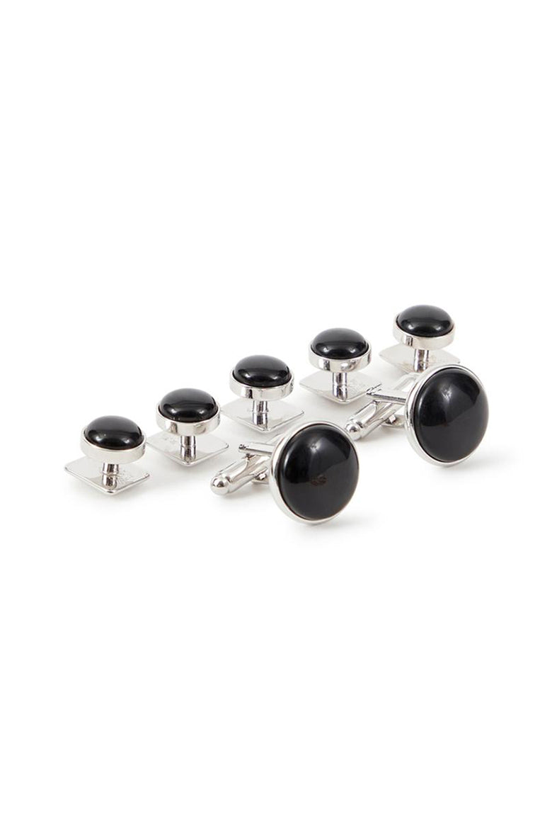 Black Circular Onyx  in Silver Setting Studs and Cufflinks Set
