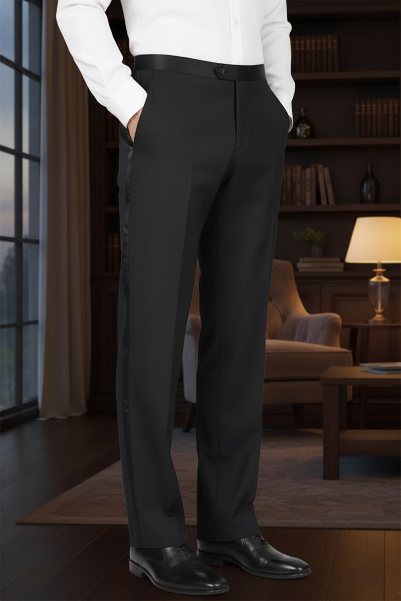 "Regis" Black Super 150's Plain Front Tuxedo Pants