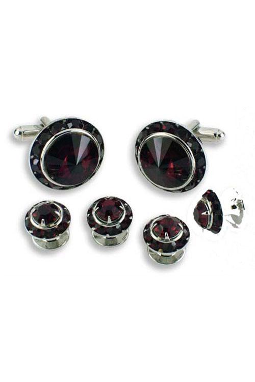 Classix Dark Ruby Crystal Rhinestones Border Studs and Cufflinks Set