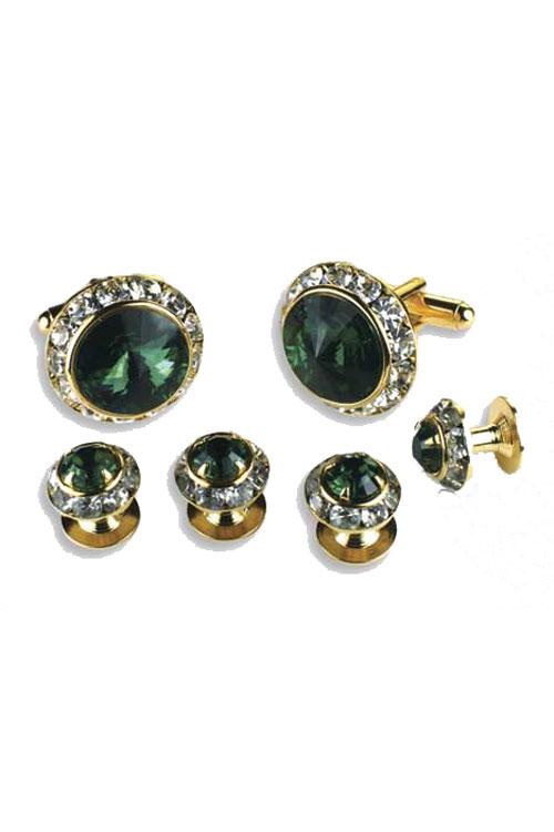Classix Emerald Crystal Rhinestones Border Studs and Cufflinks Set
