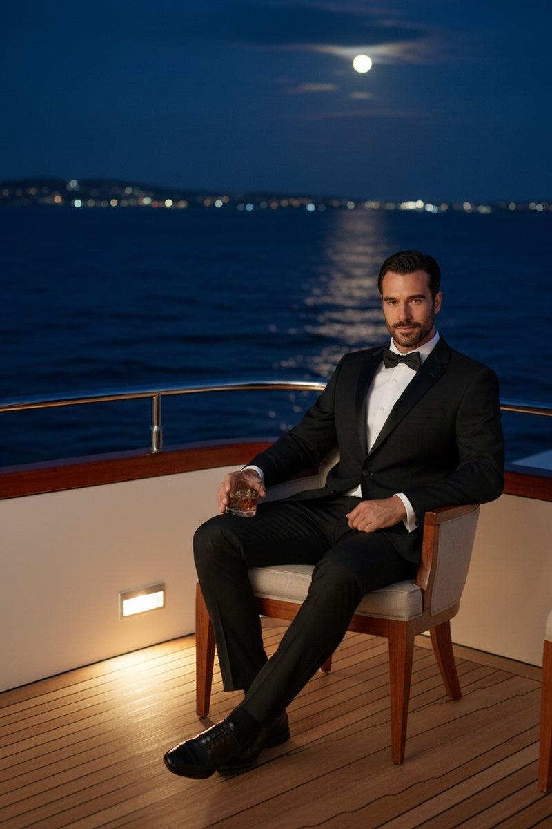 "Claude" Black 2-Button Notch Wool Tuxedo (2-Piece Set)