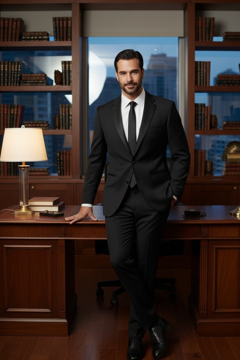 "Claude" Black 2-Button Notch Wool Tuxedo (2-Piece Set)