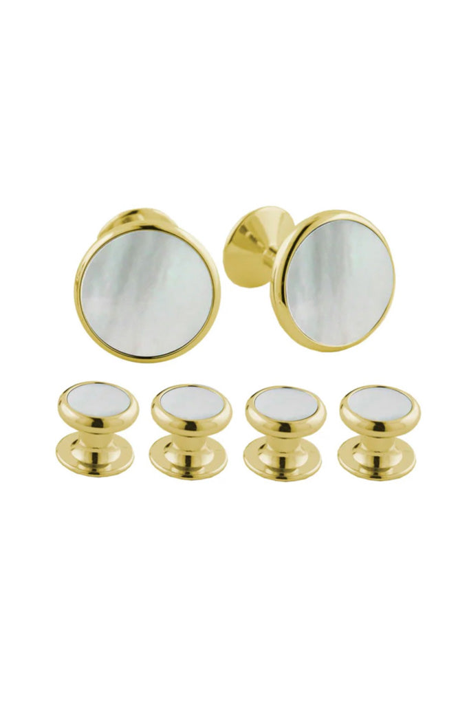 Mother of Pearl and Gold Brass Studs & Cufflinks Set