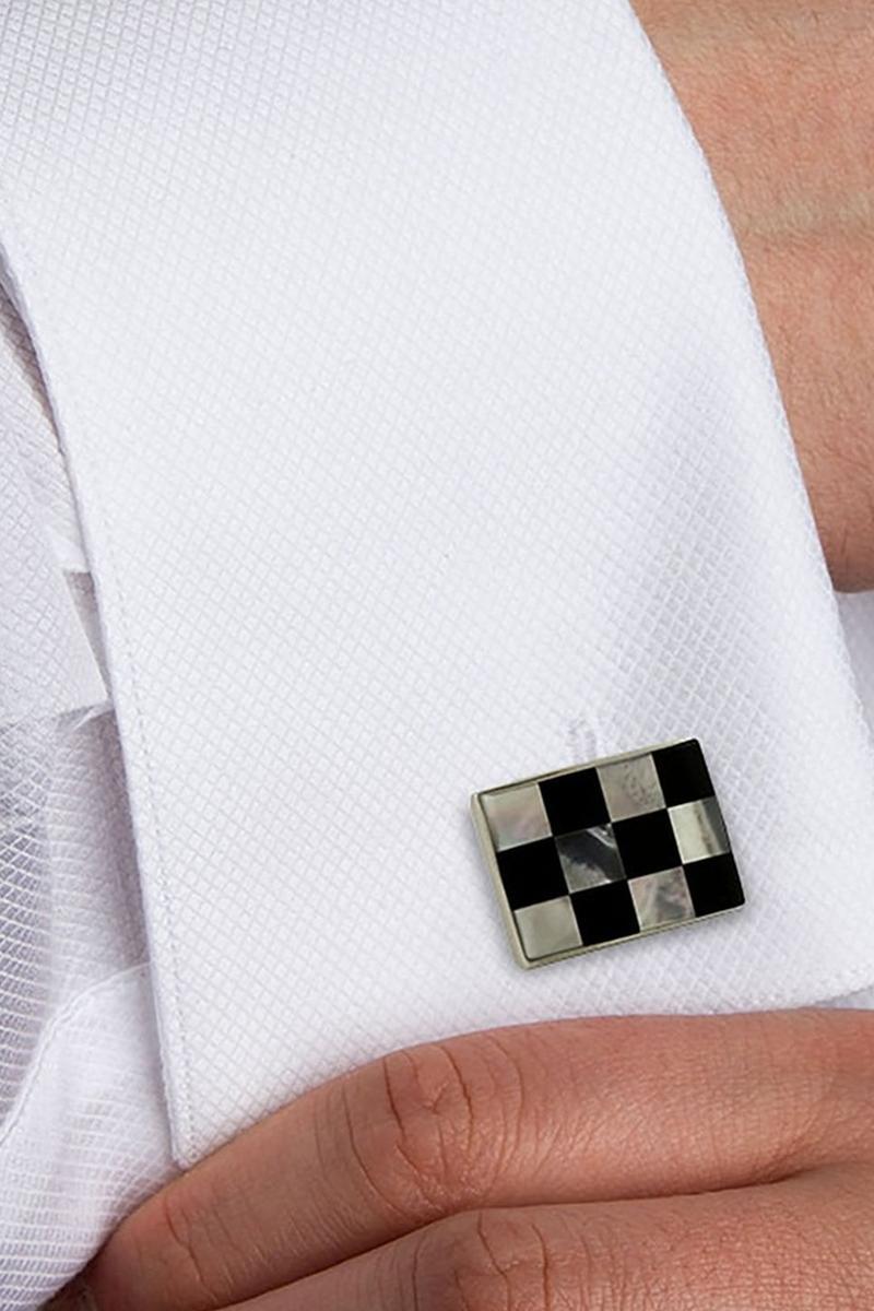 Sterling Silver Onyx & Mother of Pearl Checkerboard Cufflinks