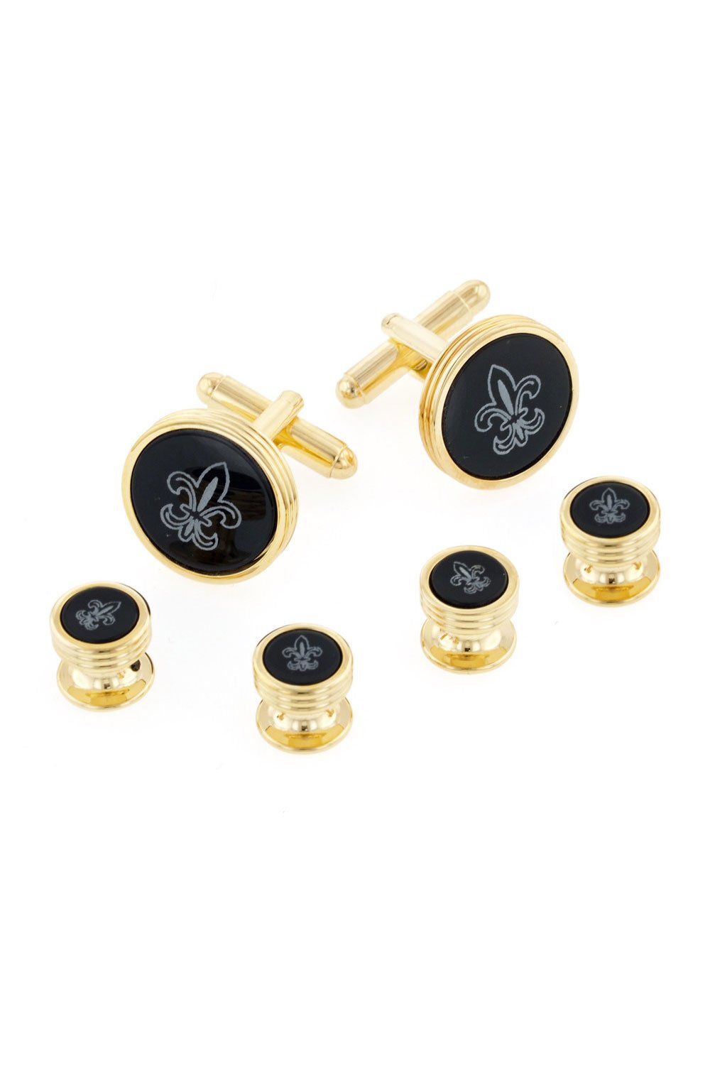 JJ Weston Fleur de Lis Onyx Gold Studs and Cufflinks Set