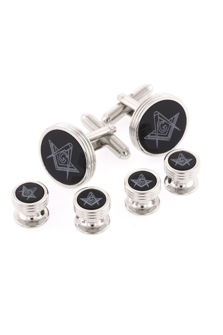 JJ Weston Masonic Onyx Triple Rim Silver Studs and Cufflinks Set
