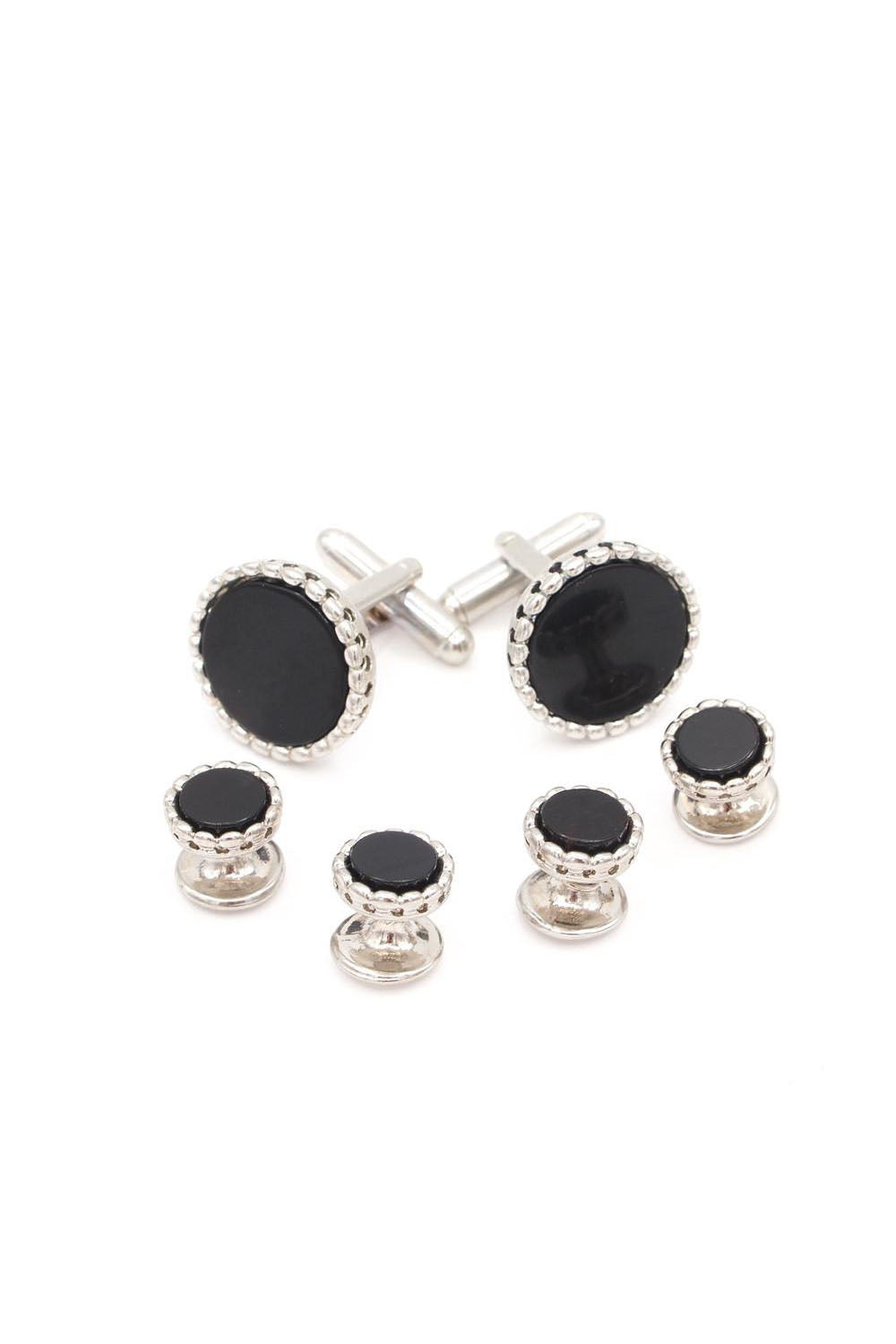 JJ Weston Onyx Bead Edge Silver Studs and Cufflinks Set