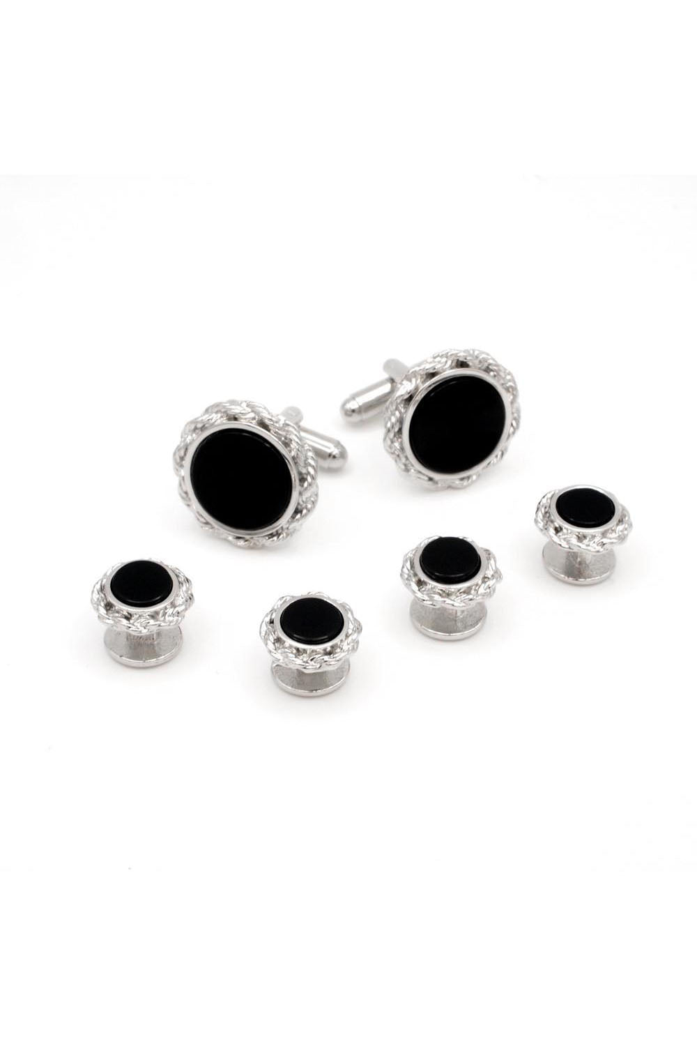 JJ Weston Onyx Braided Rope Silver Studs and Cufflinks Set