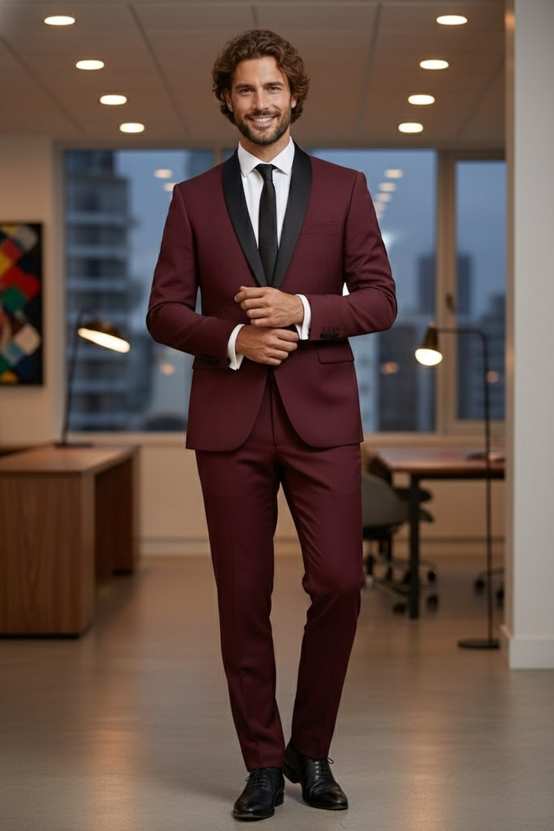 "Paris" Burgundy 1-Button Shawl Tuxedo (2-Piece Set)