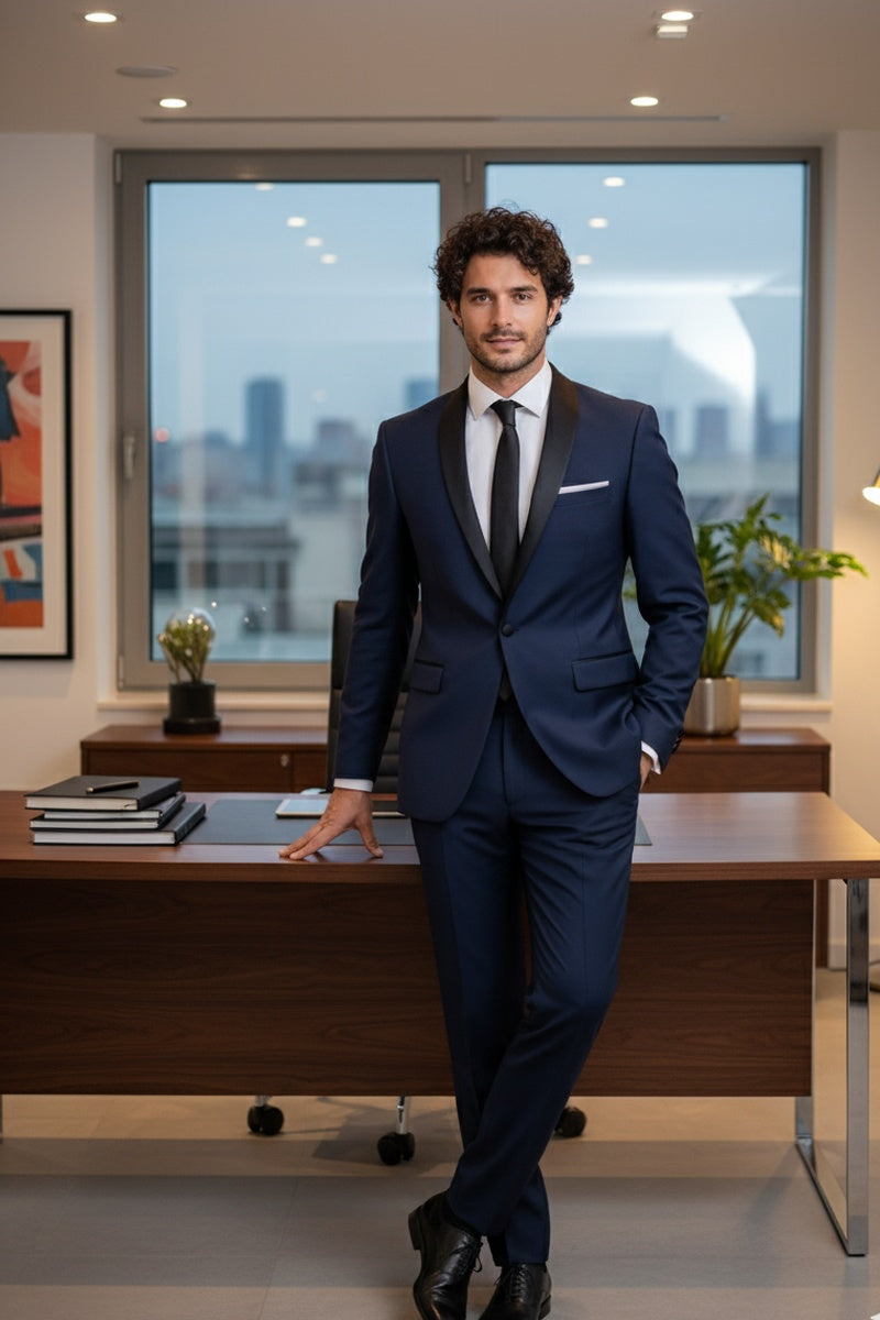 "Paris" Navy 1-Button Shawl Tuxedo (2-Piece Set)