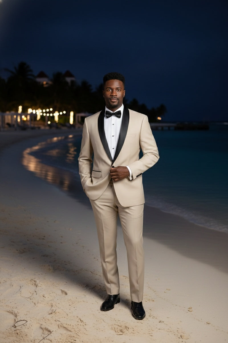 "Paris" Beige 1-Button Shawl Tuxedo (2-Piece Set)