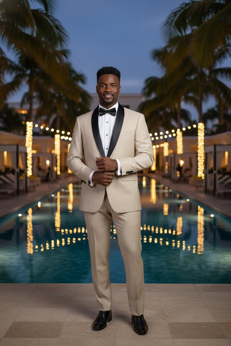 "Paris" Beige 1-Button Shawl Tuxedo (2-Piece Set)
