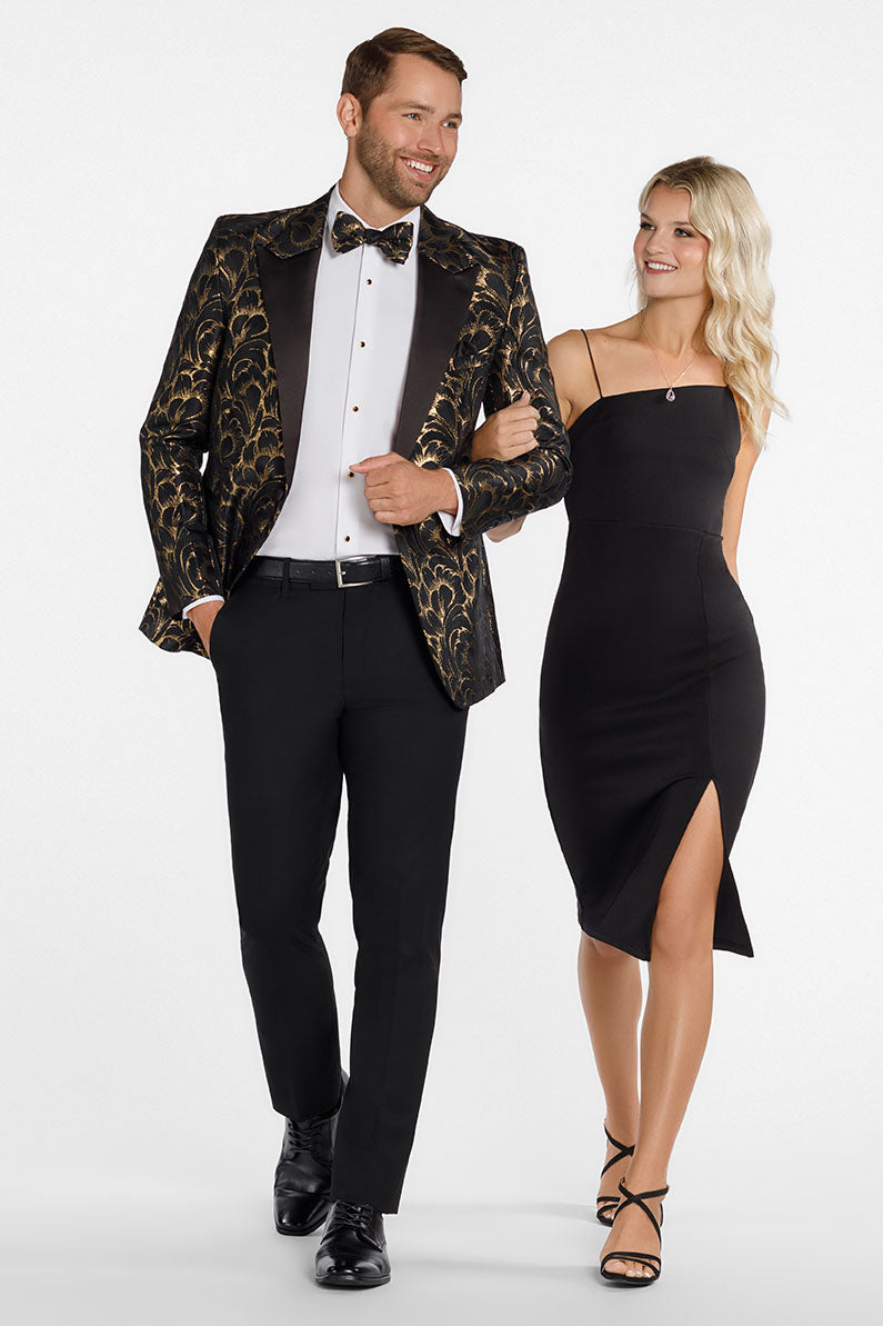 slim fit dress slacks Ted Stanford Savannah Black & Gold Peak Tuxedo Jacket (Separates) 36R Trim