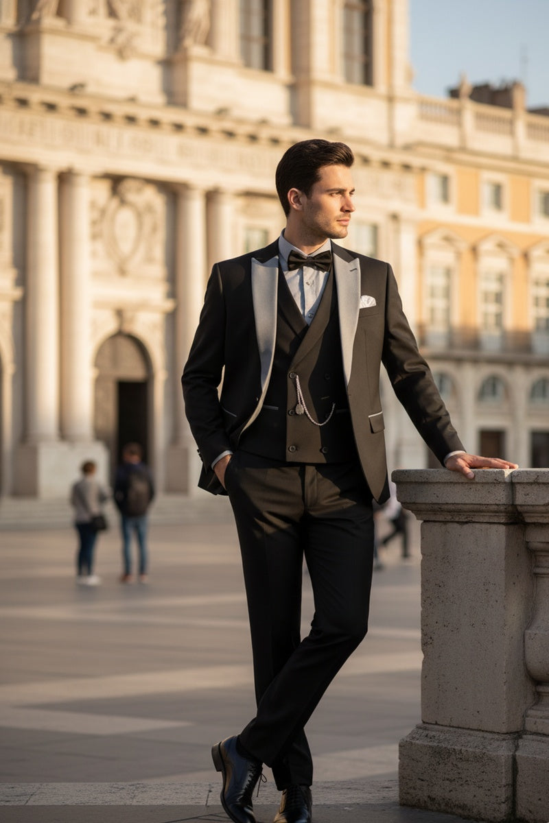 "Flare" Black 1-Button Peak Tuxedo (4-Piece Set)