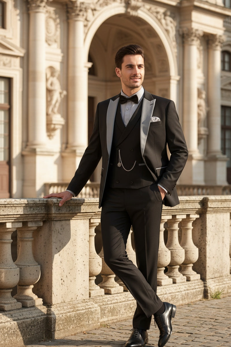 "Flare" Black 1-Button Peak Tuxedo (4-Piece Set)