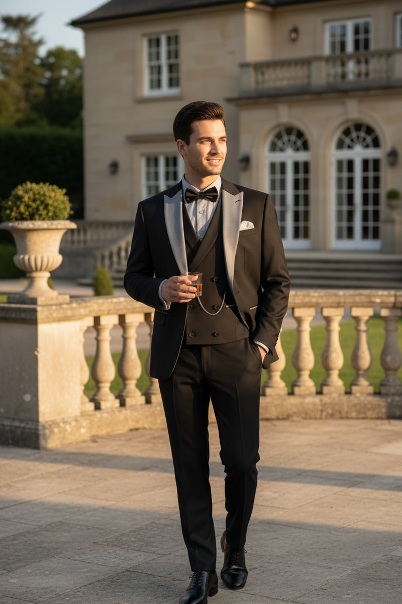 "Flare" Black 1-Button Peak Tuxedo (4-Piece Set)