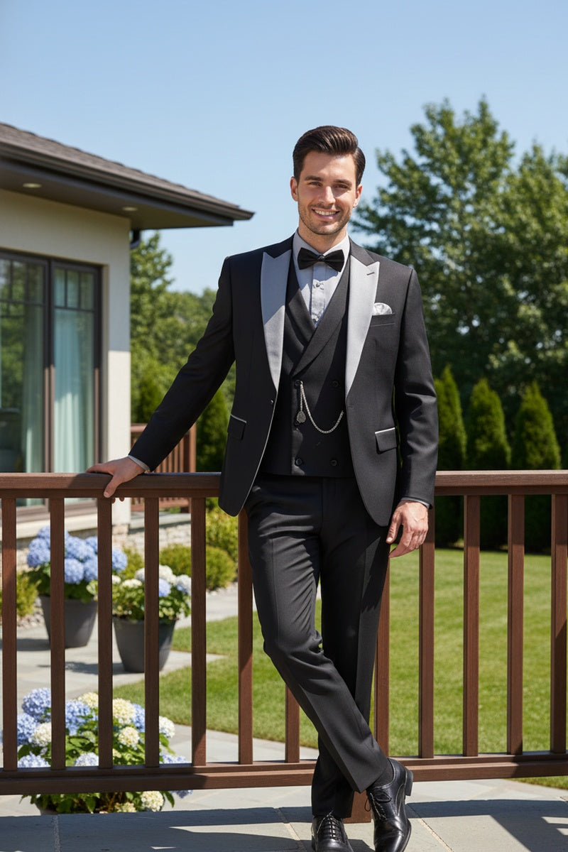 "Flare" Black 1-Button Peak Tuxedo (4-Piece Set)