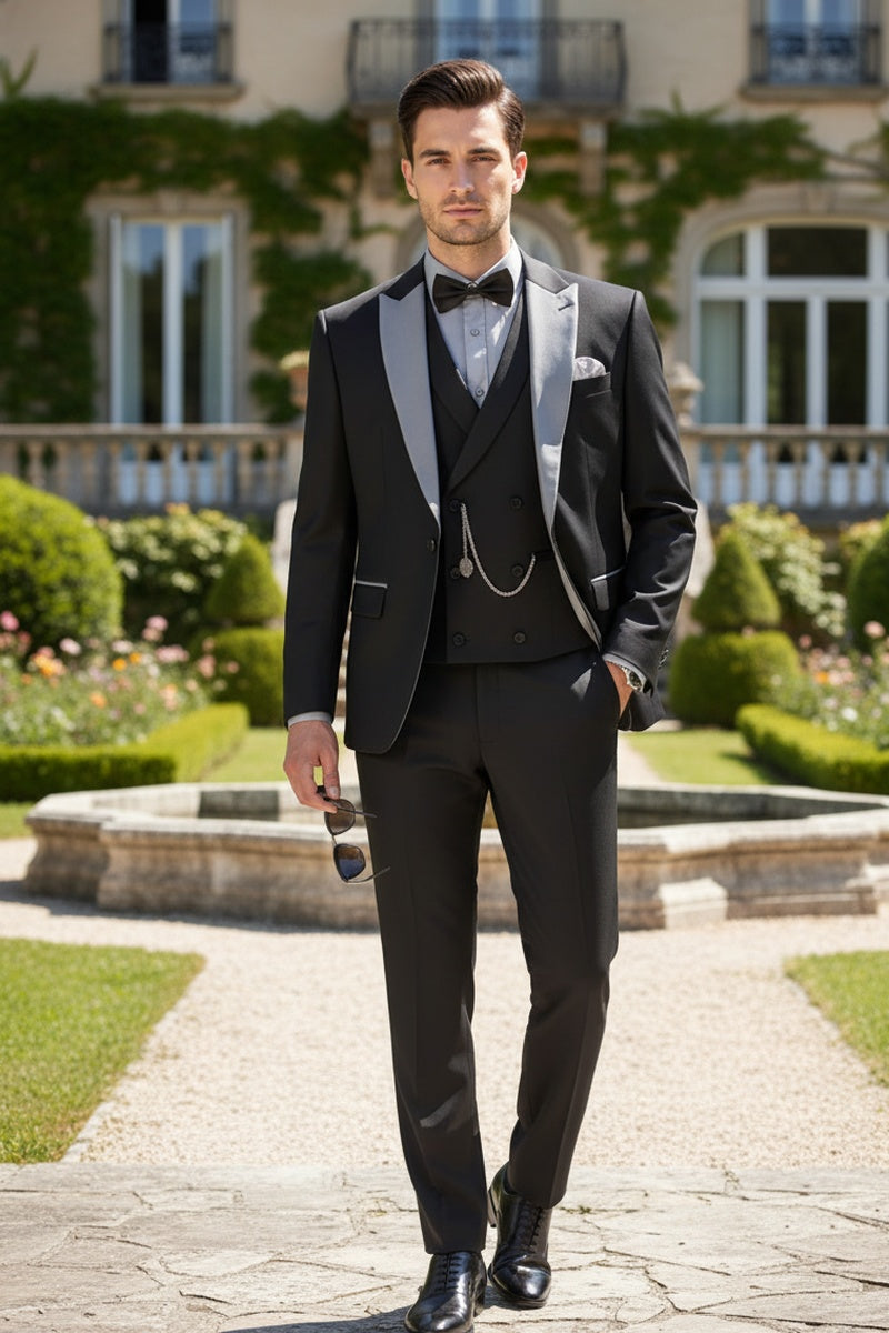 "Flare" Black 1-Button Peak Tuxedo (4-Piece Set)