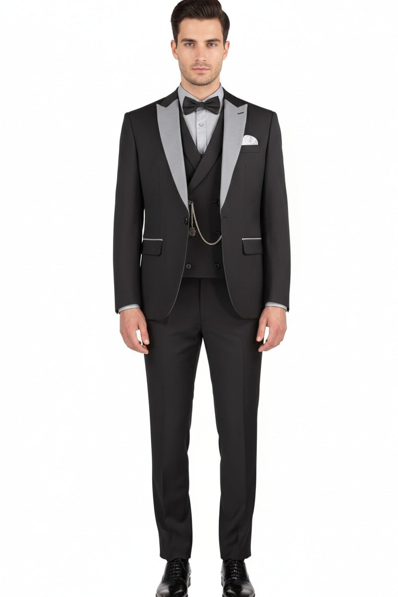 "Flare" Black 1-Button Peak Tuxedo (4-Piece Set)