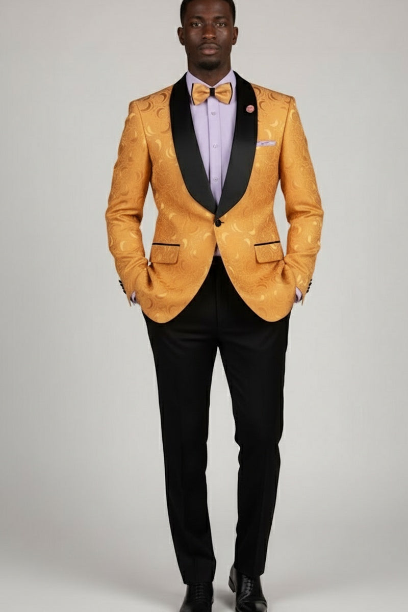 tux to match gold dress Men's Champagne Goldish Beige Gold Floral Tuxedo Suit Two-piece Wedding Tux With Bow Tie And Satin Lapel Usa Outlet 34 Short or Extra Small