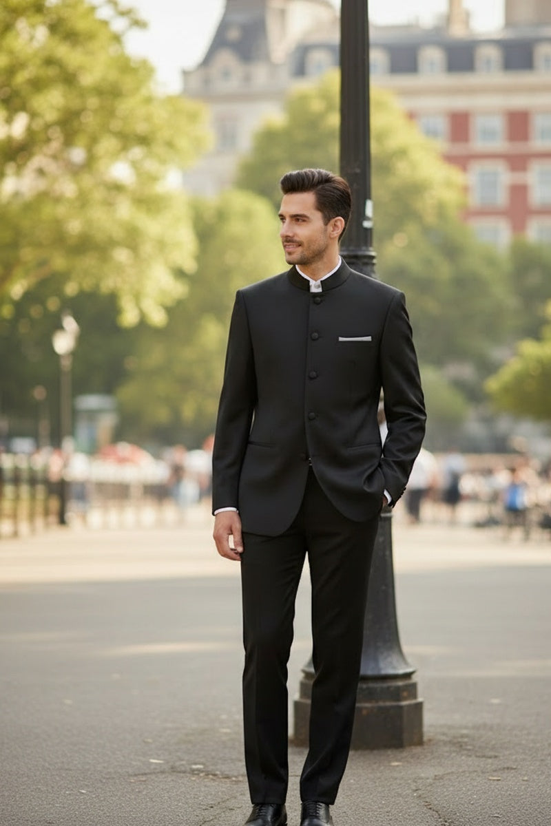 "Mandarin" Black 5-Button Suit (2-Piece Set)
