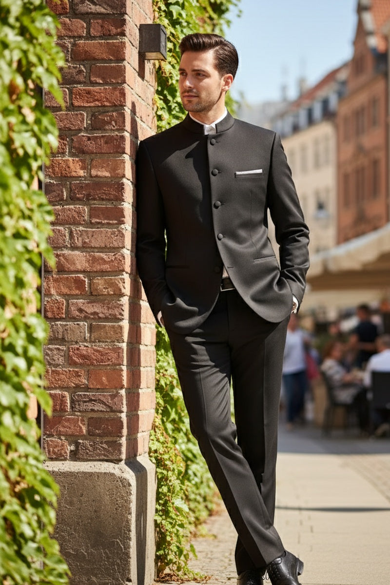 "Mandarin" Black 5-Button Suit (2-Piece Set)