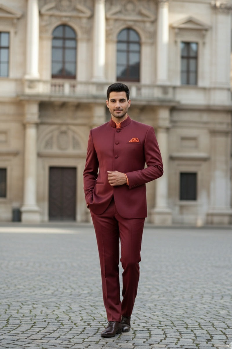 "Mandarin" Burgundy 5-Button Suit (2-Piece Set)