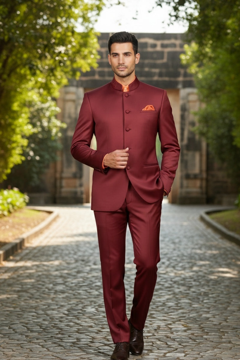 "Mandarin" Burgundy 5-Button Suit (2-Piece Set)