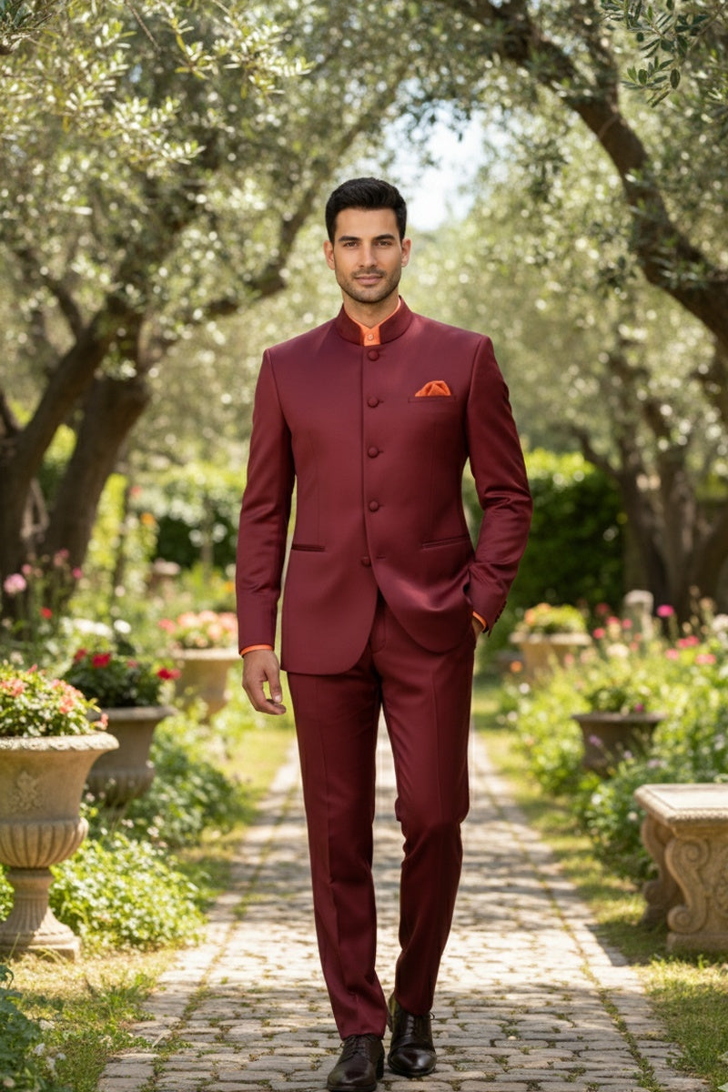 "Mandarin" Burgundy 5-Button Suit (2-Piece Set)