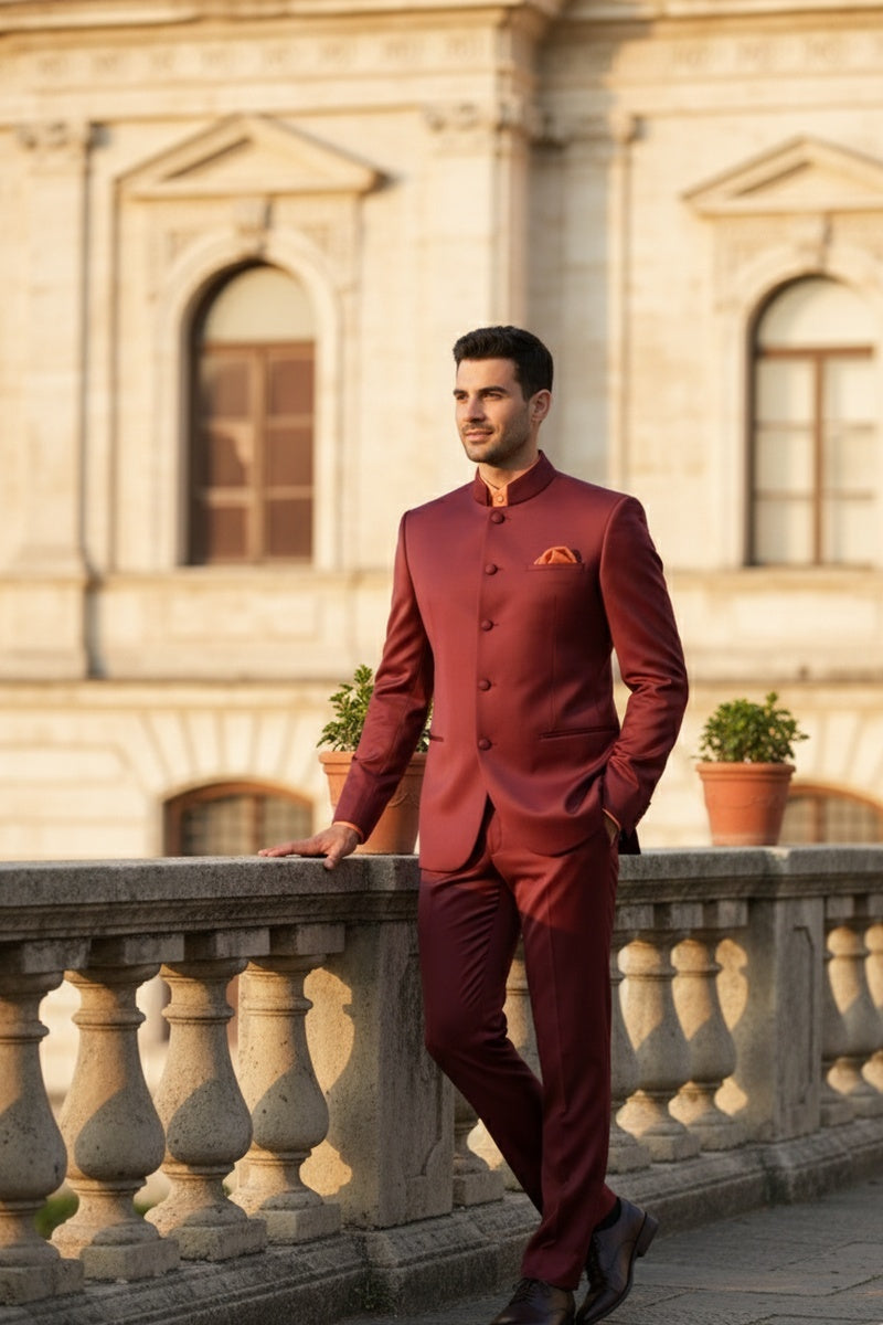 "Mandarin" Burgundy 5-Button Suit (2-Piece Set)