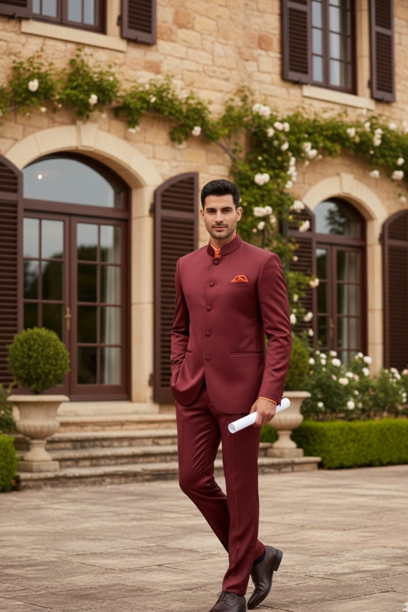 "Mandarin" Burgundy 5-Button Suit (2-Piece Set)