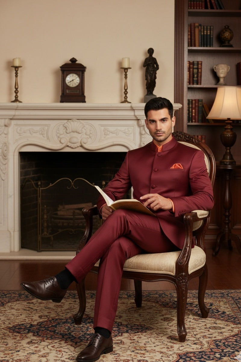 "Mandarin" Burgundy 5-Button Suit (2-Piece Set)
