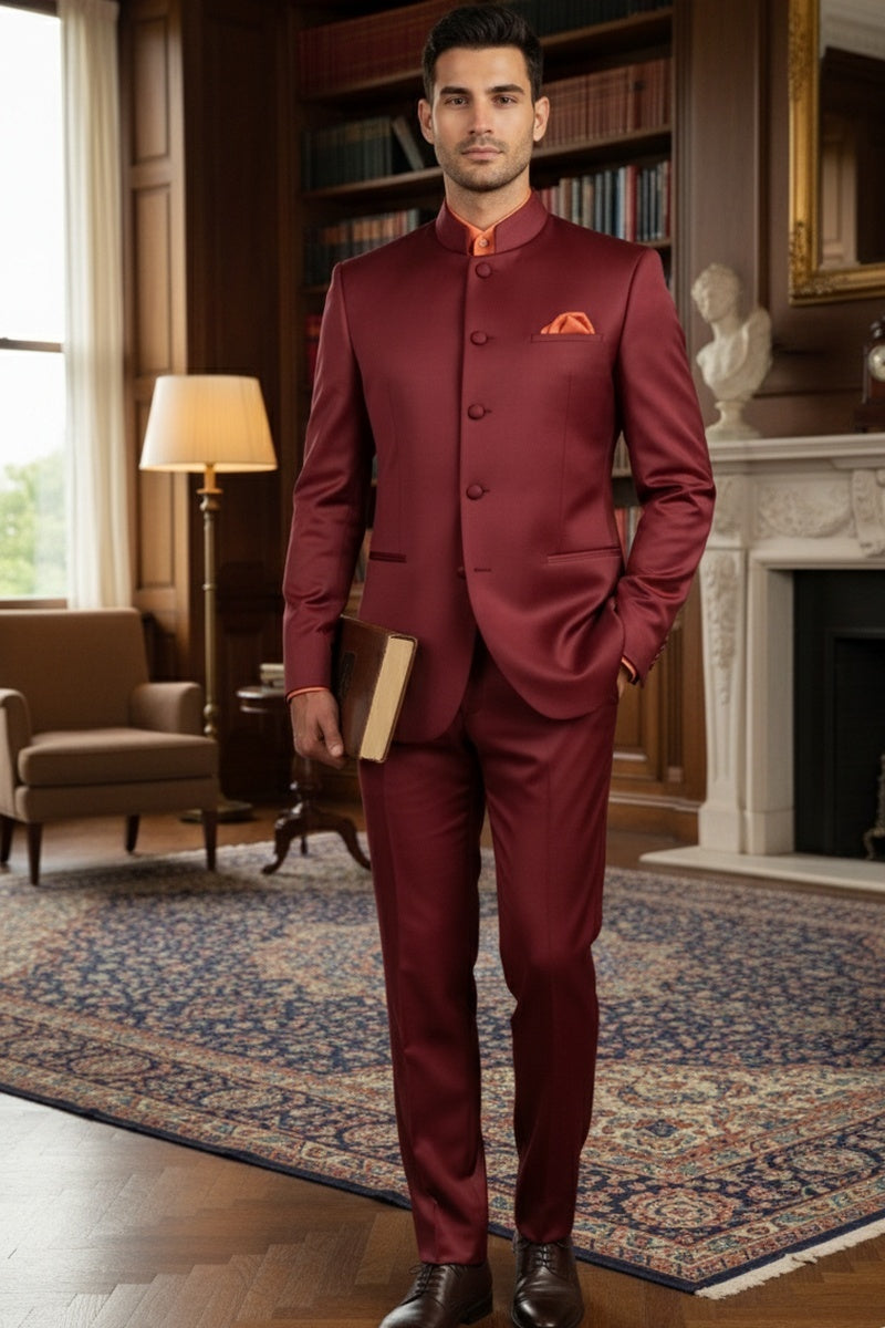 "Mandarin" Burgundy 5-Button Suit (2-Piece Set)